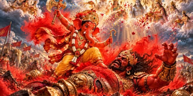शेंदुर लाल चढ़ायो सिंदूरासुर वध प्रसंग में भगवान गणेश का सिंदूरी रूप
