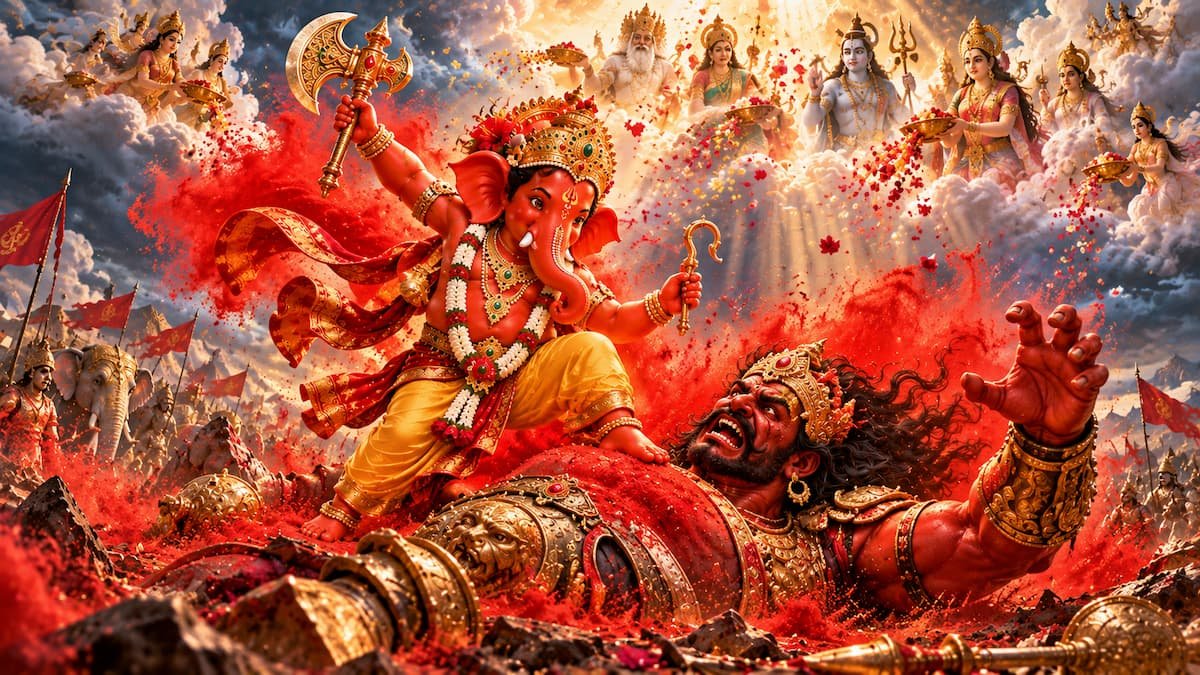 शेंदुर लाल चढ़ायो सिंदूरासुर वध प्रसंग में भगवान गणेश का सिंदूरी रूप
