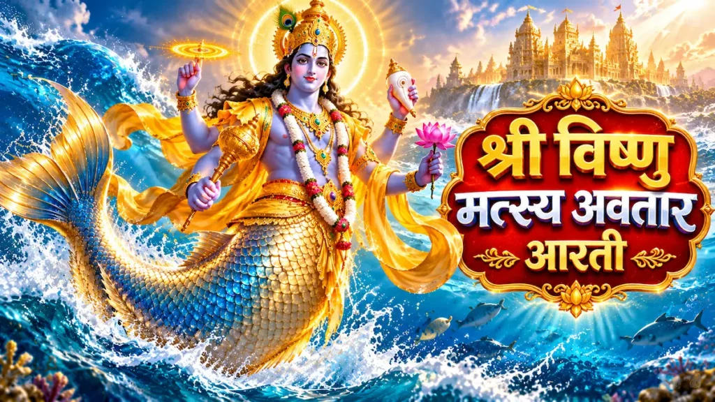भगवान विष्णु का मत्स्य अवतार प्रलय सागर में स्वर्ण आभा के साथ चतुर्भुज रूप में