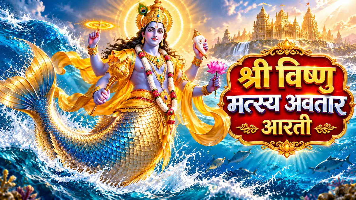 भगवान विष्णु का मत्स्य अवतार प्रलय सागर में स्वर्ण आभा के साथ चतुर्भुज रूप में