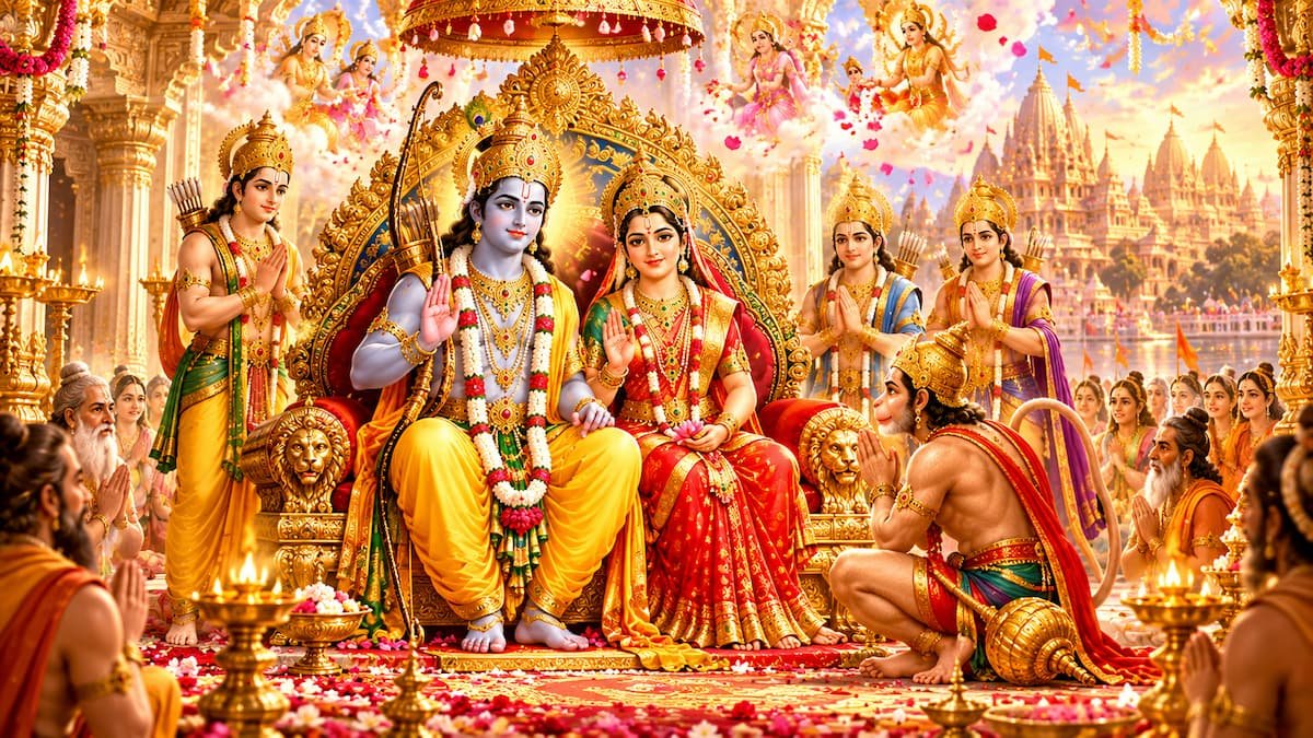 स्वर्ण सिंहासन पर माता सीता के साथ विराजमान भगवान श्री राम का दिव्य दरबार
